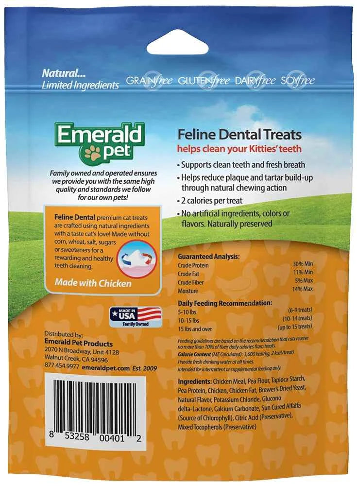 The back of a 3 oz bag of Emerald Pet Feline Dental Grain-Free Cat Treats with chicken.