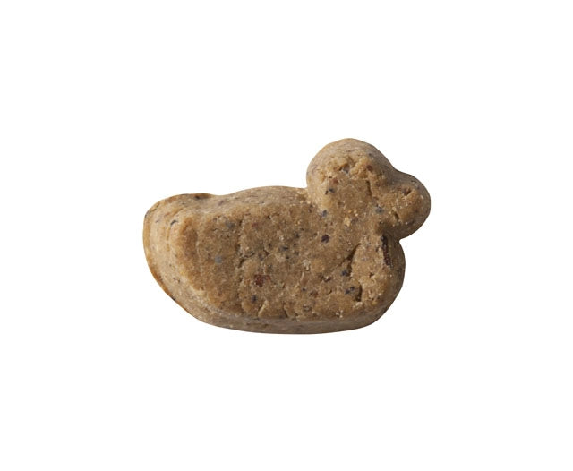 Emerald Pet Grain-Free Little Duckies dog treats shaped like a duck, made with duck and pumpkin, 5 oz. package.