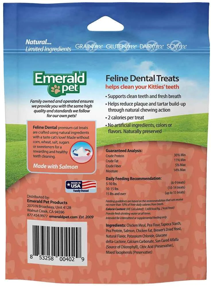 Back of a 3 oz bag of Emerald Pet Feline Dental Salmon Treats showing ingredients and feeding guide.
