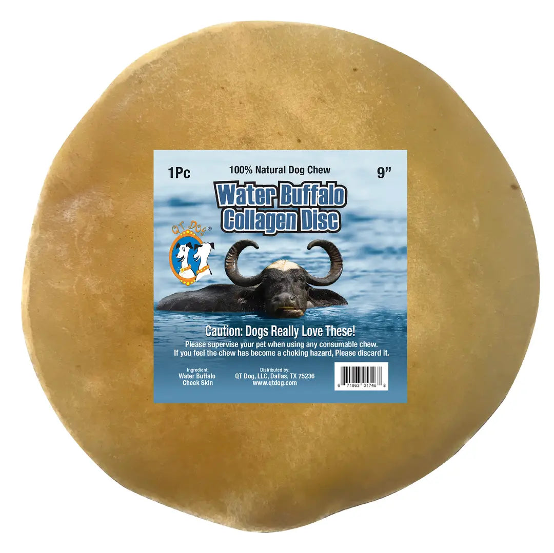 A large, round, tan-colored water buffalo collagen disc dog chew with a blue and white label.