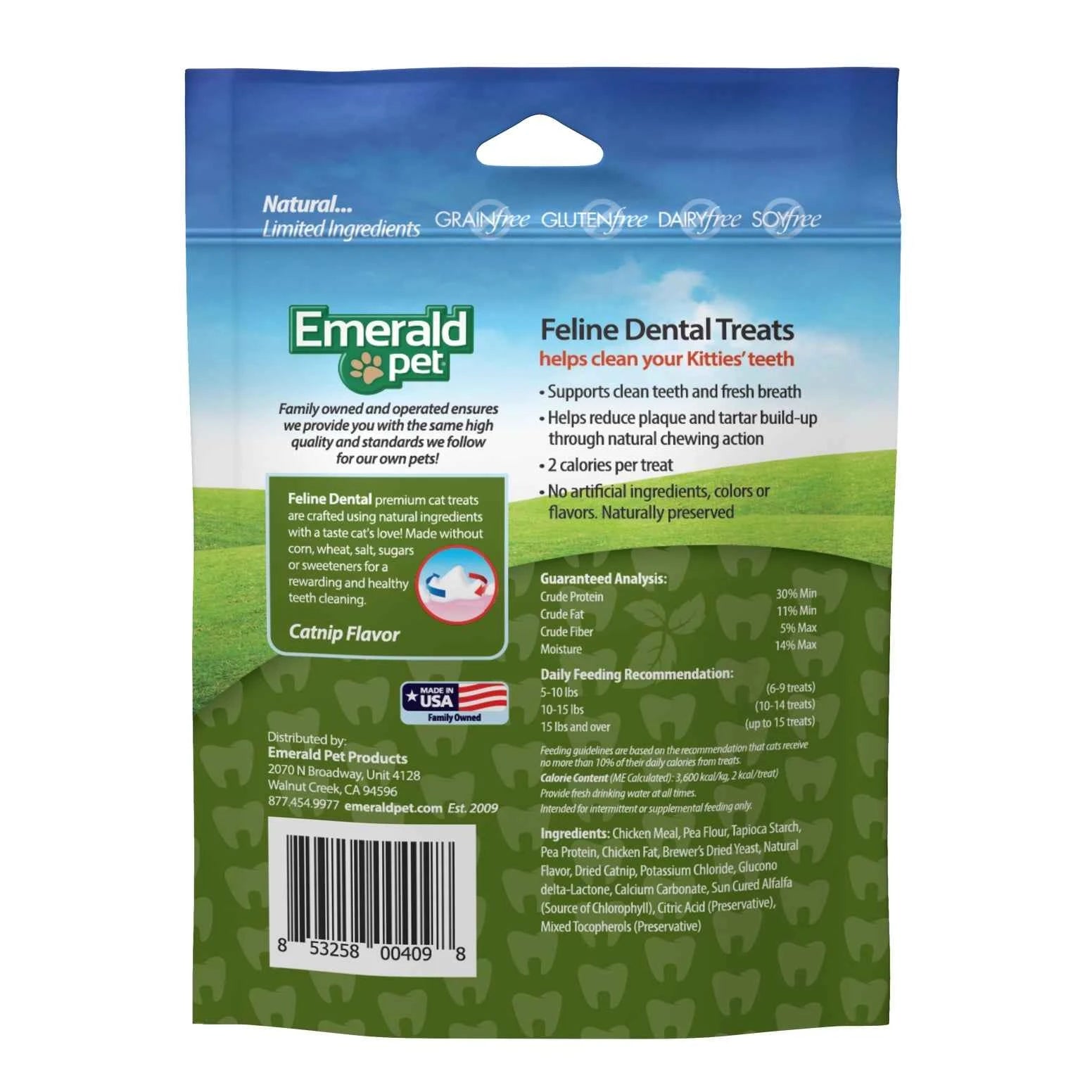 Back of a 3 oz bag of Emerald Pet Feline Dental Cat Treats showing ingredients and feeding guide.