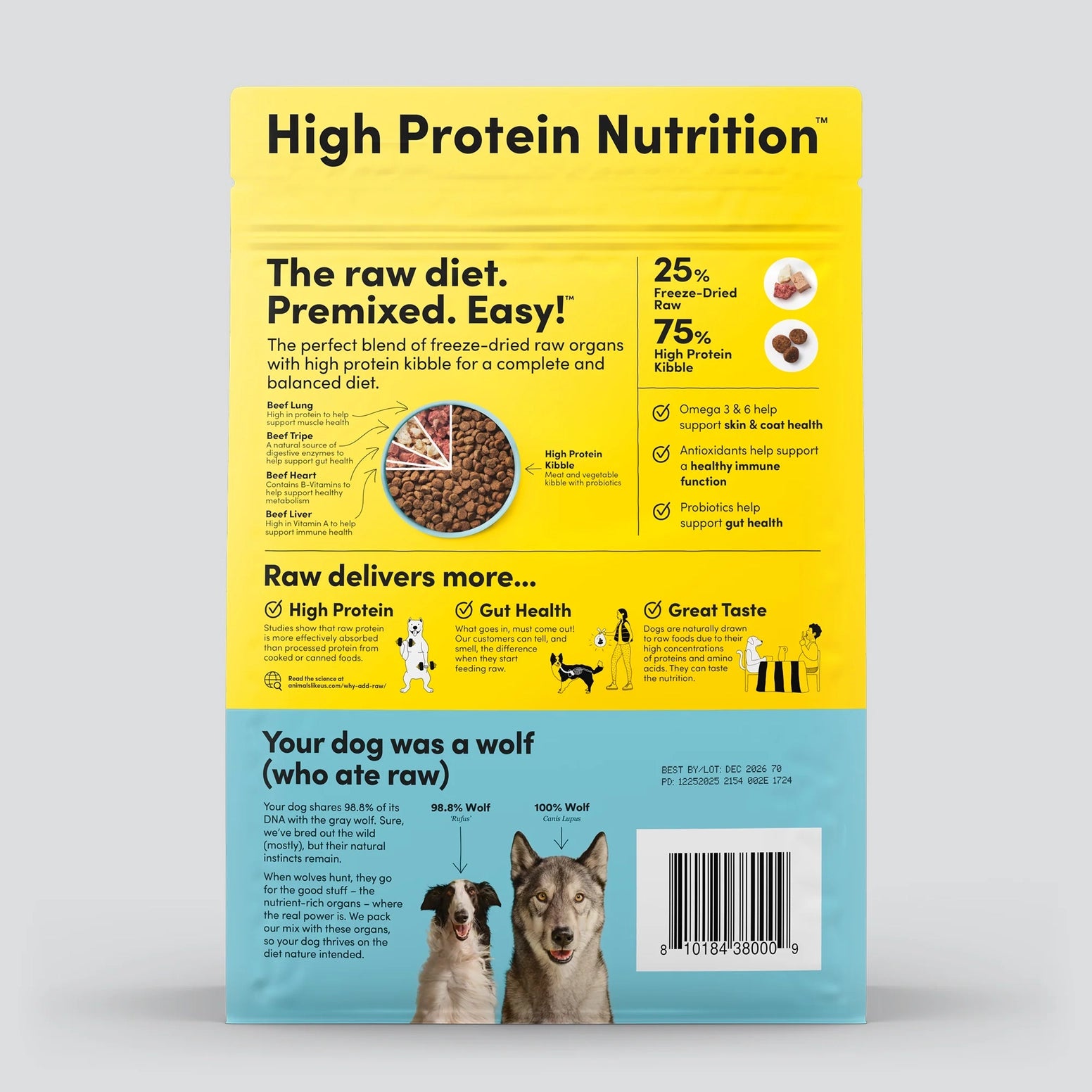 Back of yellow and blue bag showing freeze-dried beef organ kibble nutrition and dog health benefits text
