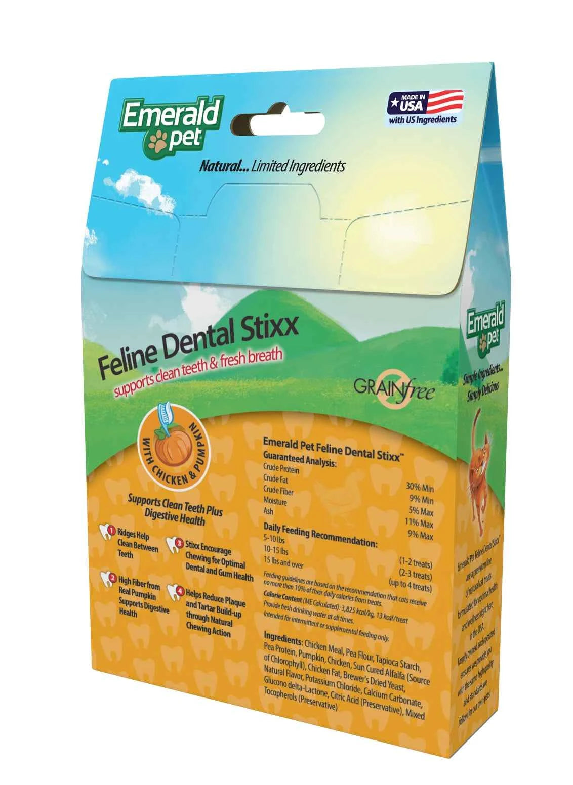 Emerald Pet Feline Dental Stixx grain-free cat treats in a box with chicken and pumpkin.