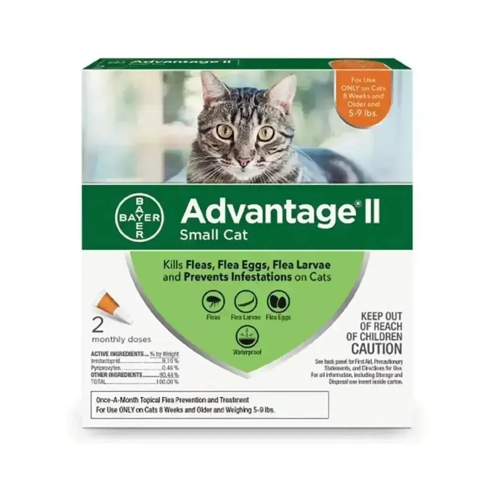 Advantage II flea treatment for small cats in a box with instructions and a picture of a cat on the front