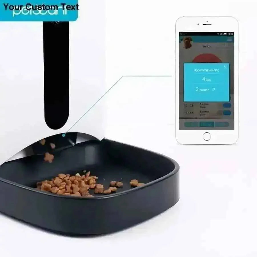 Smart pet feeder with app control showing food dispensing and mobile app interface.