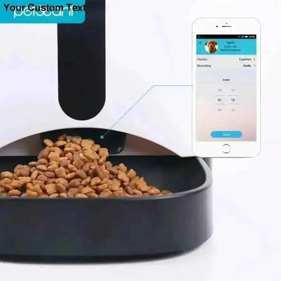 Close-up of pet food in the feeder with app settings displayed on a smartphone.