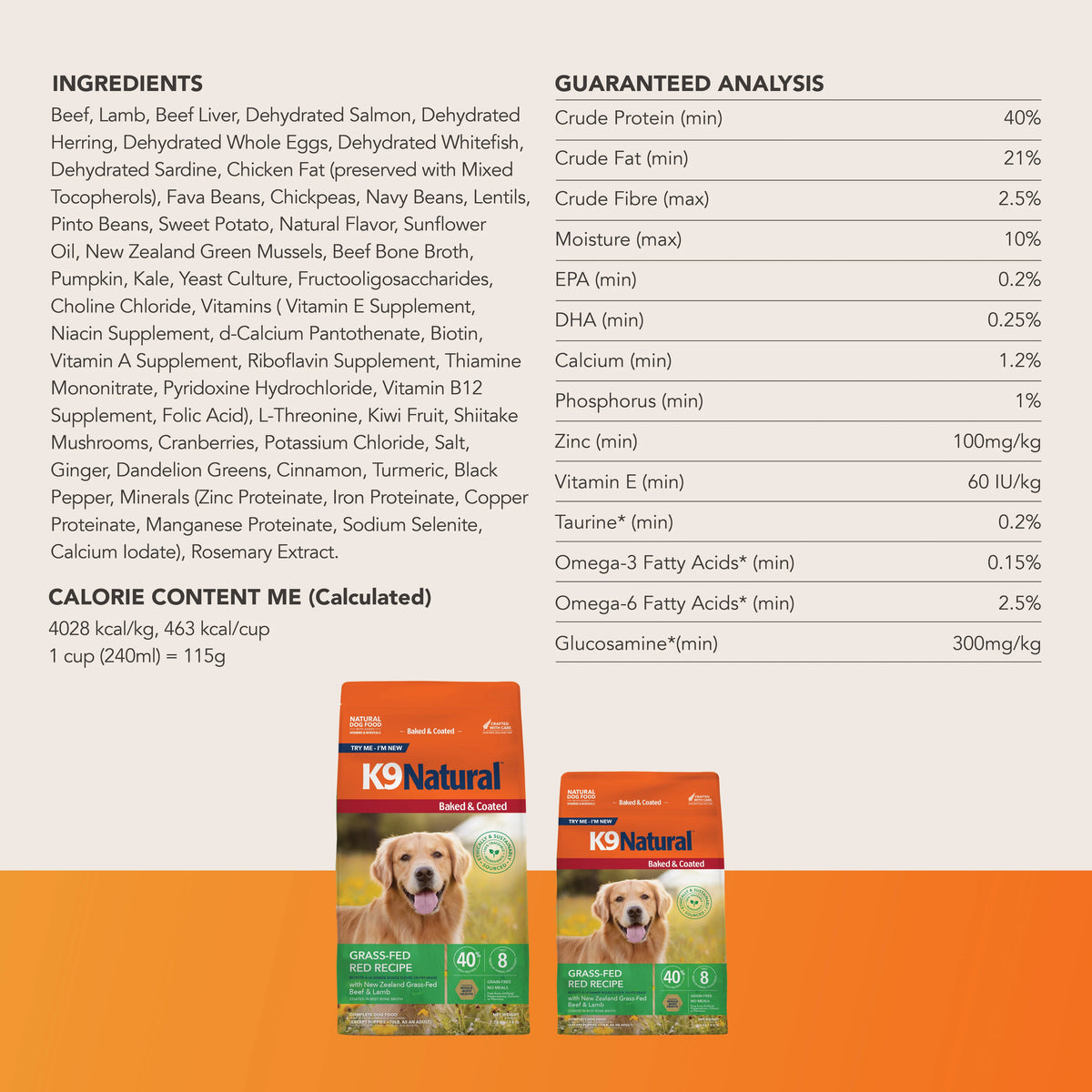 K9 Natural Grass-Fed Red Recipe dog food bags with ingredient list and guaranteed analysis chart.