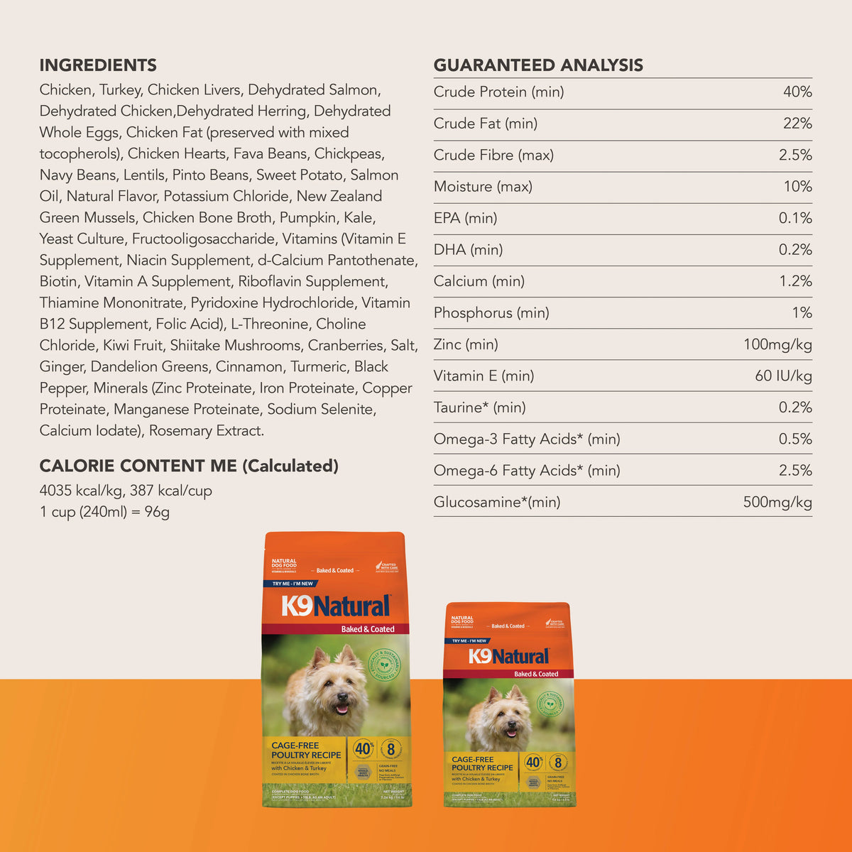 K9 Natural Baked & Coated Cage-Free Poultry Dog Food ingredients and guaranteed analysis chart.