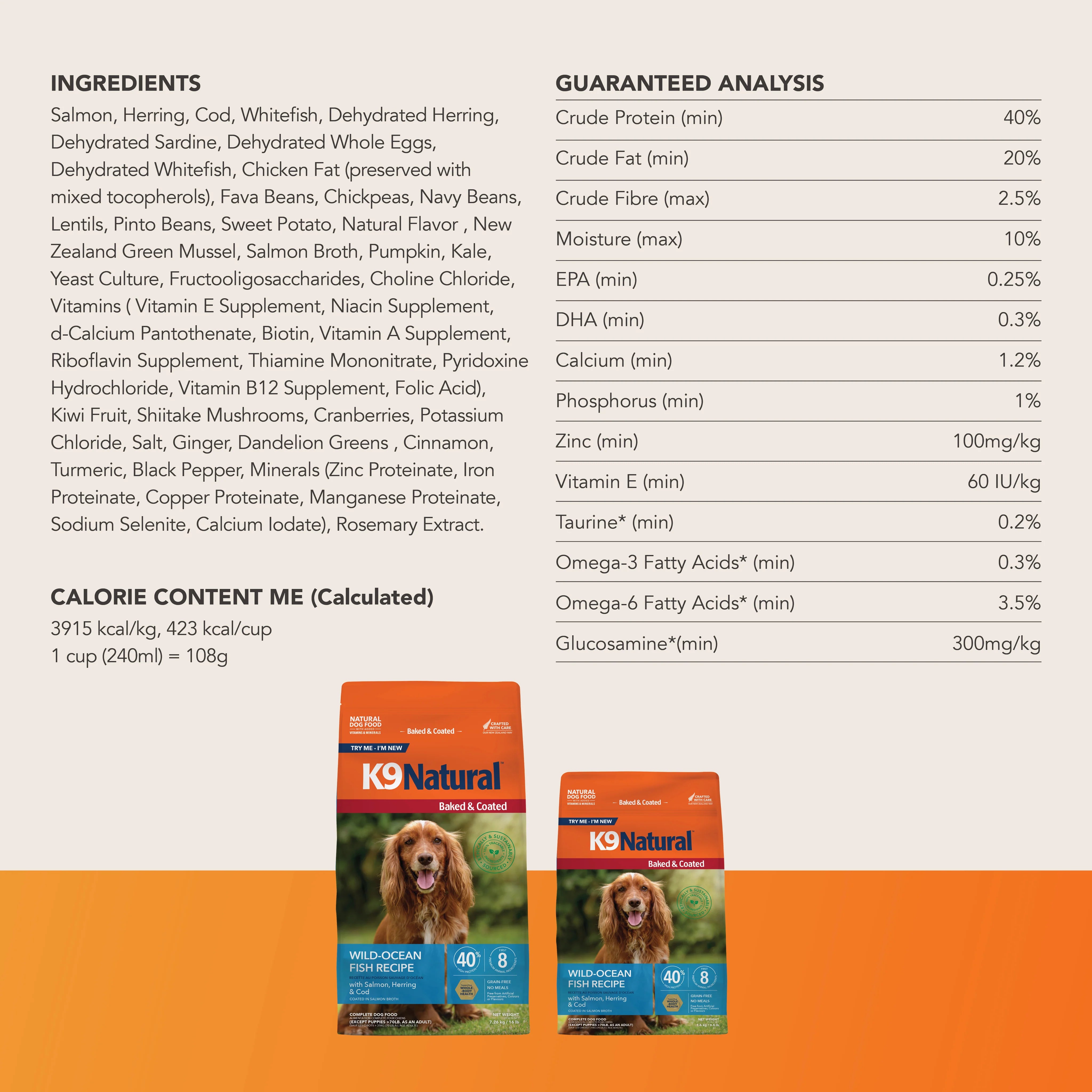 K9 Natural Wild-Ocean Fish Recipe dog food bags with ingredient list and guaranteed analysis chart.