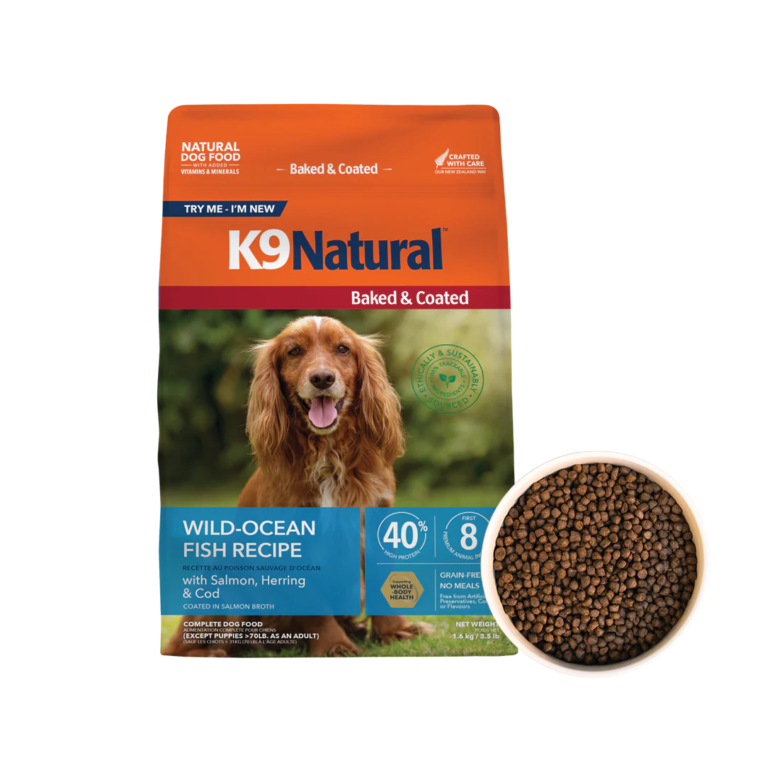 1.6kg bag of K9 Natural Wild-Ocean Fish Recipe dog food with a bowl of round brown kibble.