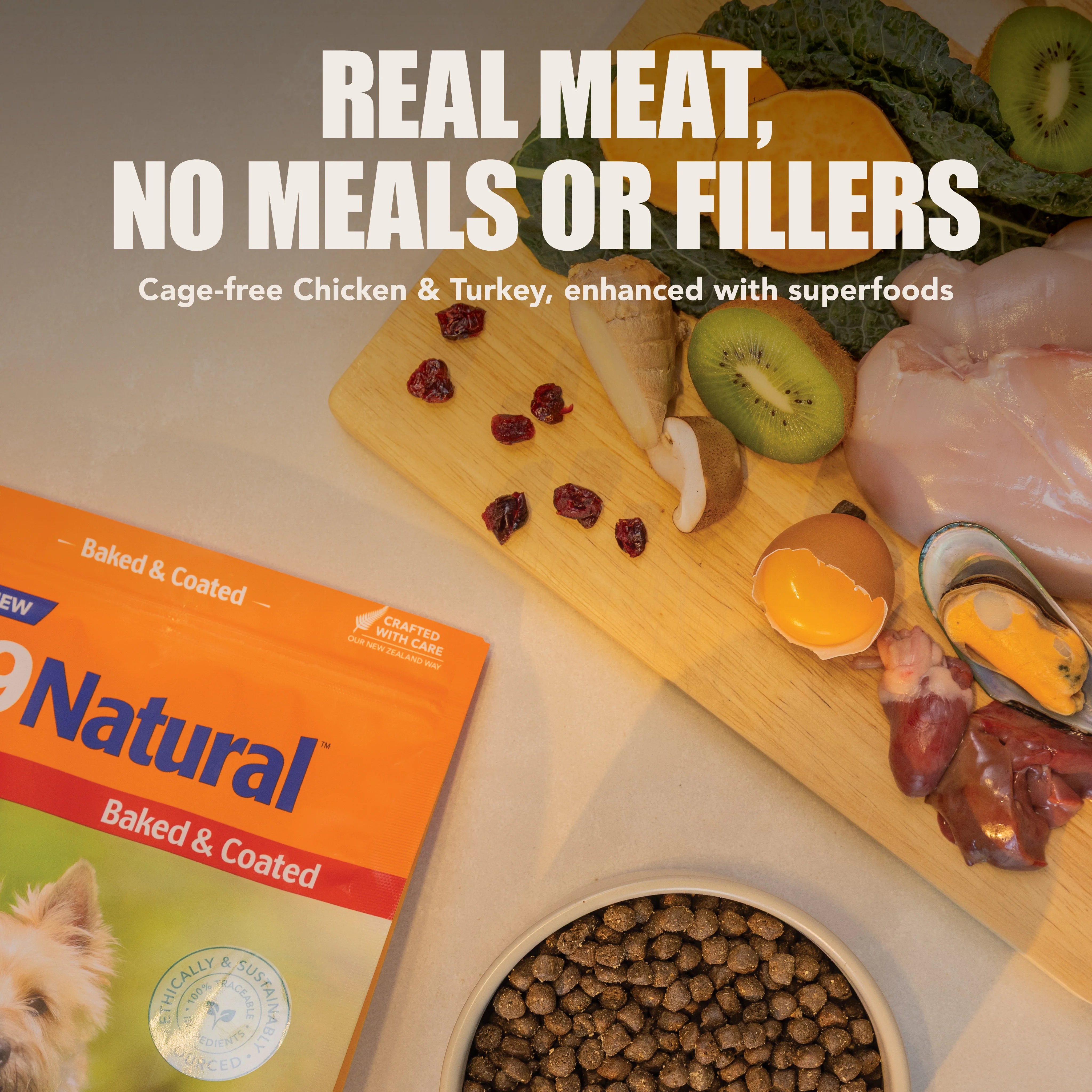 K9 Natural Baked & Coated dog food bag next to a bowl of kibble and fresh whole food ingredients.