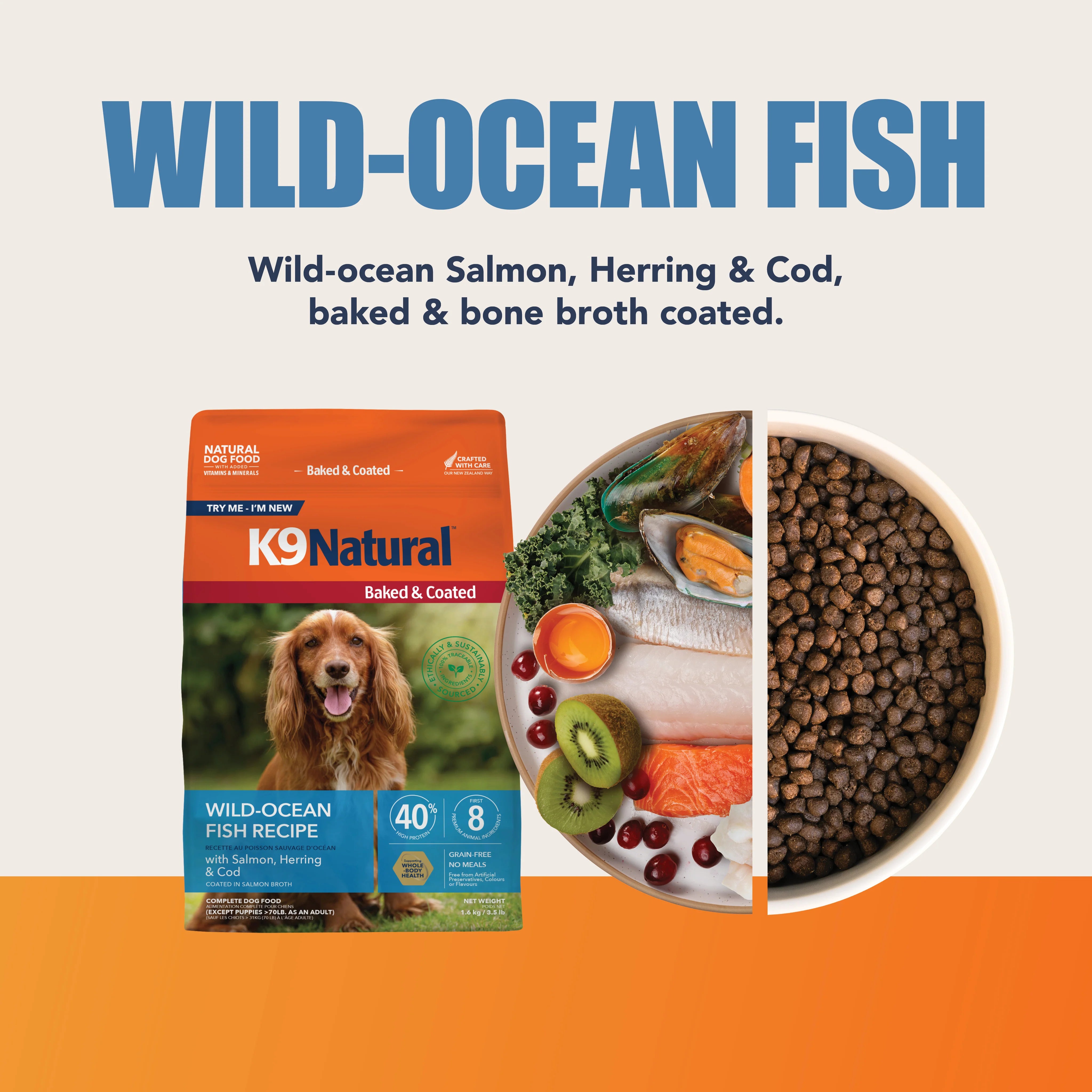 K9 Natural Wild-Ocean Fish Recipe dog food bag next to a bowl of kibble and fresh ingredients.