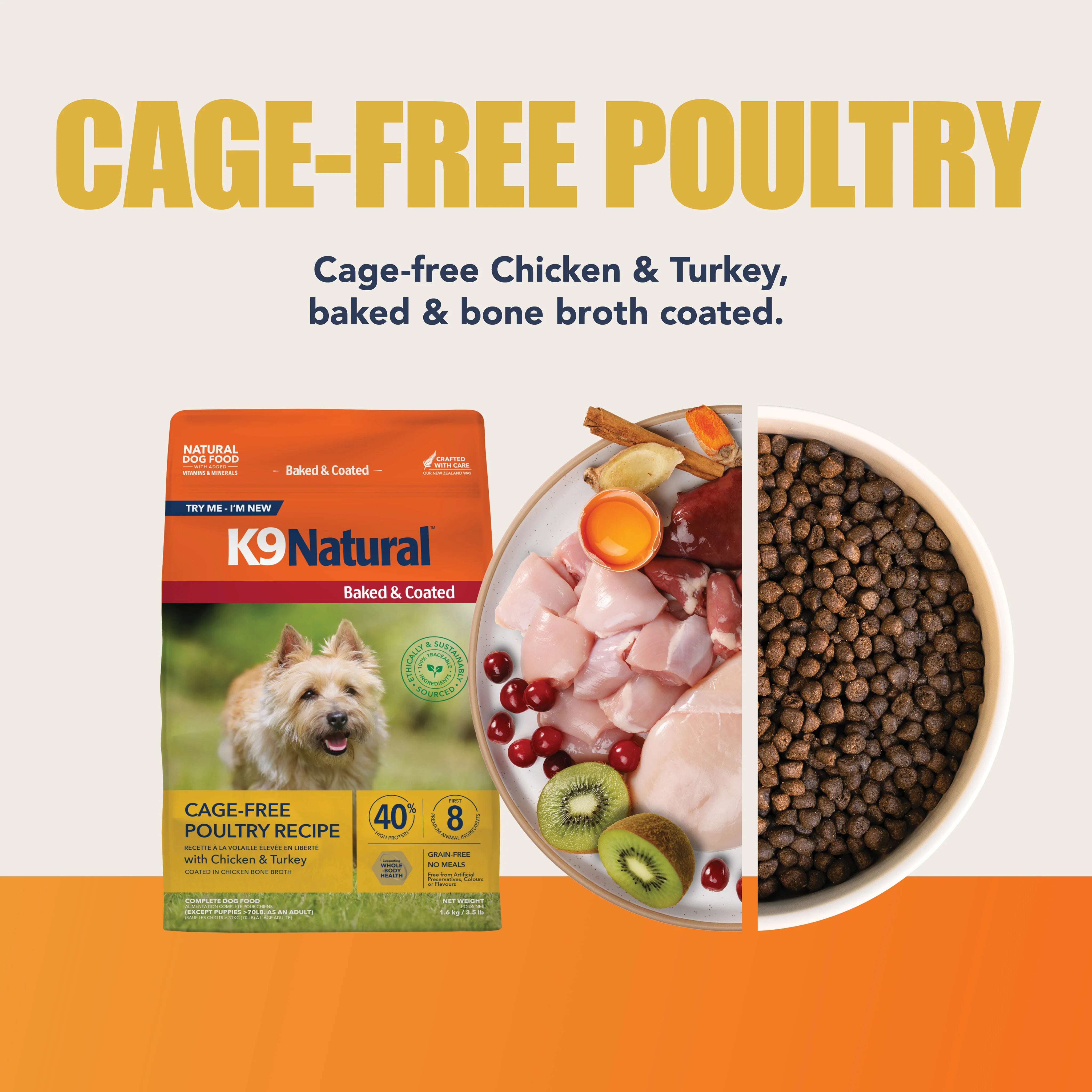 K9 Natural Baked & Coated Cage-Free Poultry dog food bag next to a bowl of kibble and raw ingredients