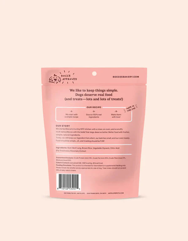 Talis Us Bocce's Bakery Beef Jerky Dog Treats - Beefin' Up Jerky Protein Cuts 5oz package with pink background and ingredient