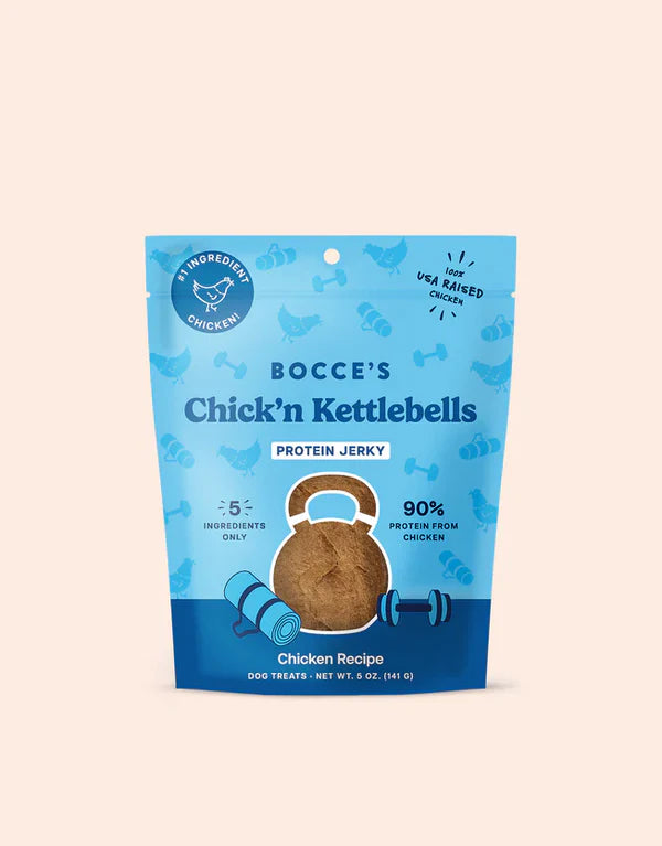 Bocce's Bakery Chick'n Kettlebells Jerky Protein Cuts 5oz package featuring a kettlebell design and blue background.