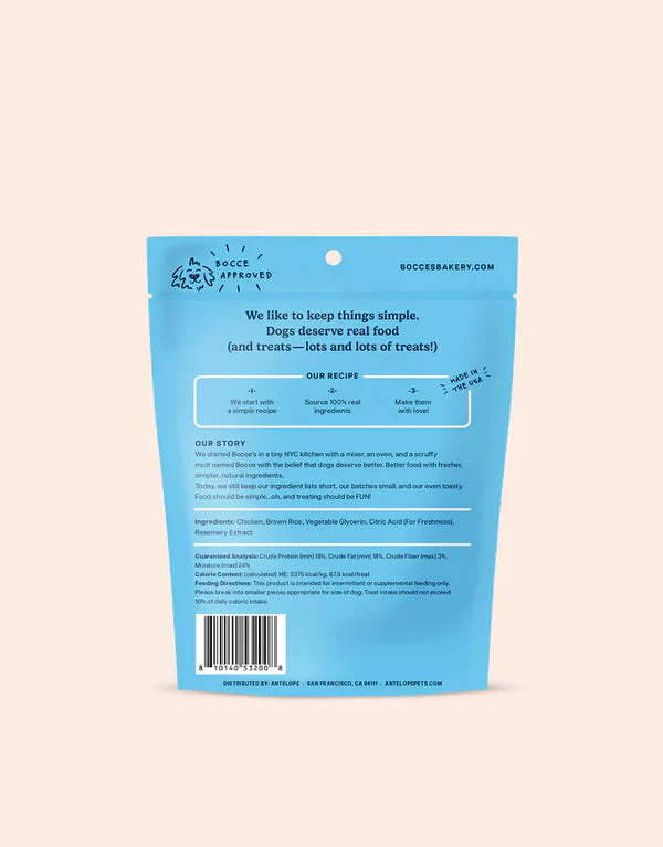 Bocce's Bakery Dog Treats Chick'n Kettlebells Jerky Protein Cuts 5oz package back, featuring a blue background with text and 