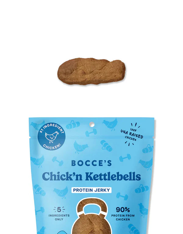 Bocce's Bakery Chick'n Kettlebells Jerky Protein Cuts 5oz package with a single jerky piece above it, featuring a blue design