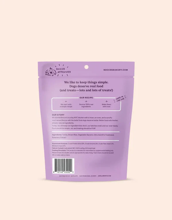 Talis Us Bocce's Bakery Gobble Gains Jerky Protein Cuts 5oz package, featuring a purple design with ingredient details and a 