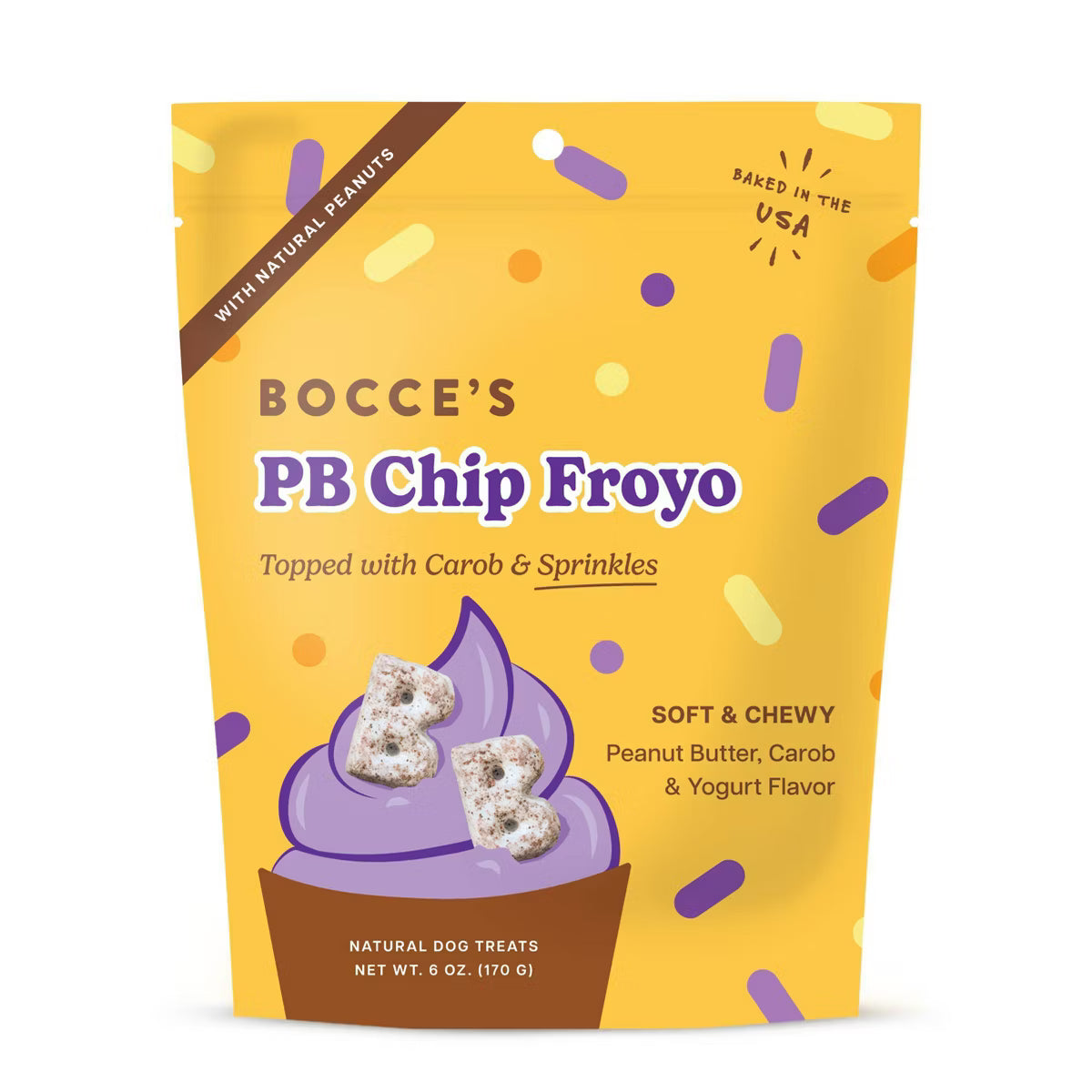 Bocce's Bakery Dog Treats PB Chip Froyo 6oz package features a purple froyo graphic topped with carob and colorful sprinkles.