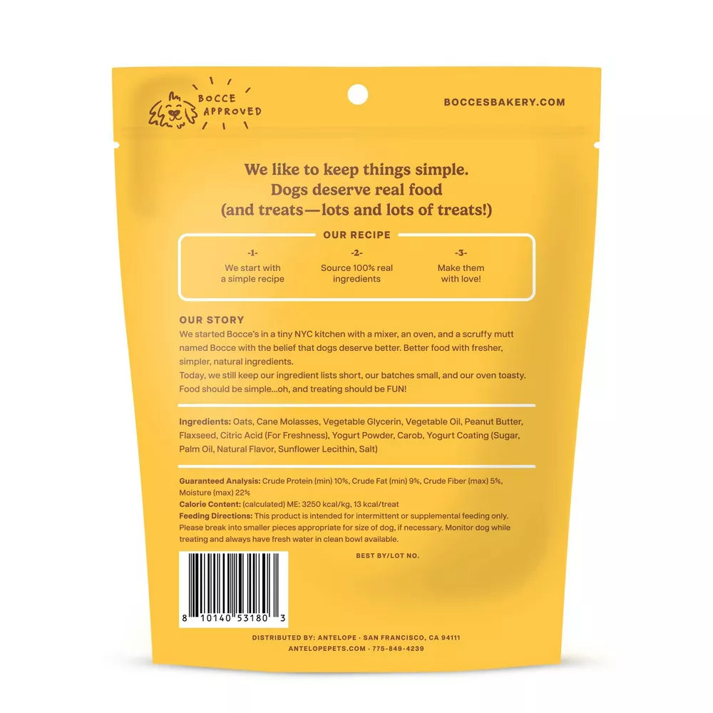 Talis Us Bocce's Bakery Dog Treats PB Chip Froyo Soft & Chewy 6oz package back, featuring ingredients and story details.