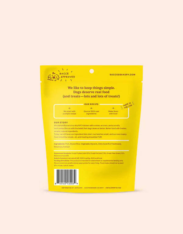 Bocce's Bakery Pork Jerky Dog Treats 5oz package back, featuring a bright yellow background with text about the recipe and br