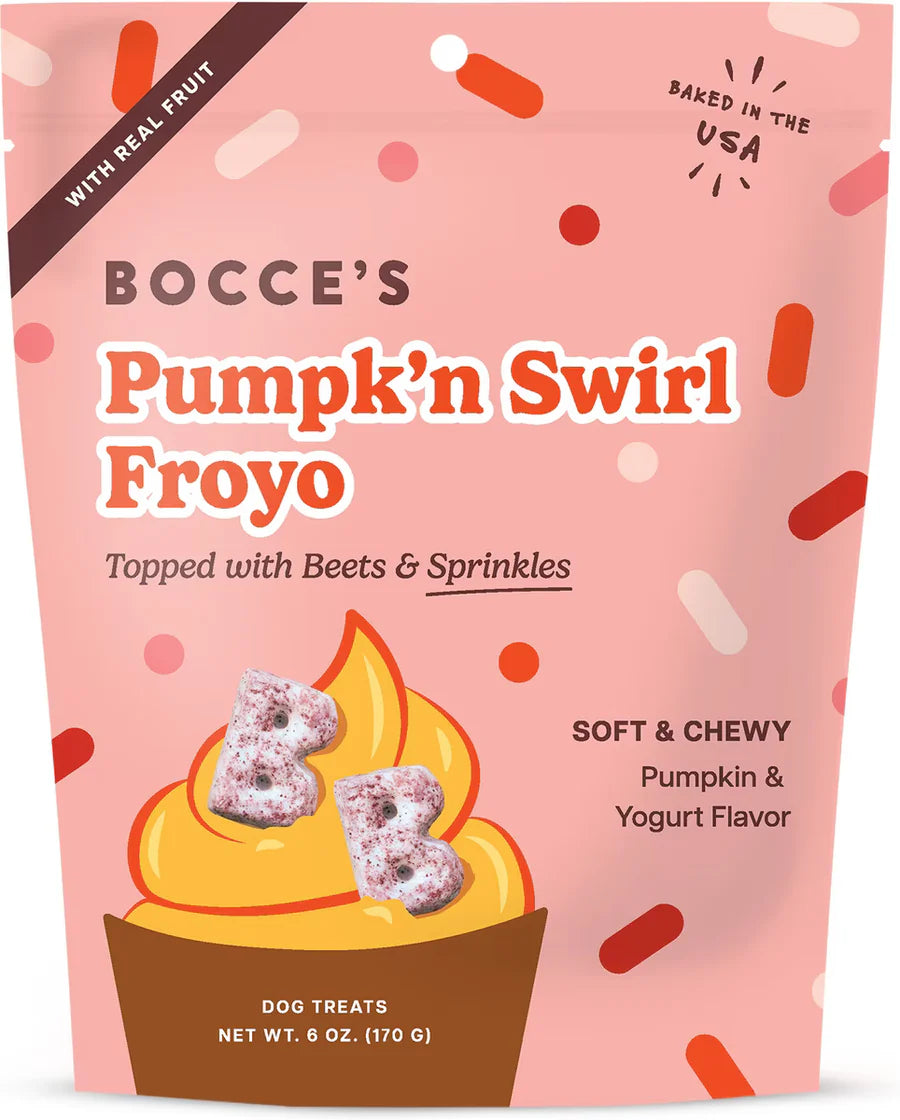 Bocce's Bakery Pumpk’n Swirl Froyo Soft & Chewy Pumpkin Dog Treats 6oz package featuring a dessert illustration with colorful