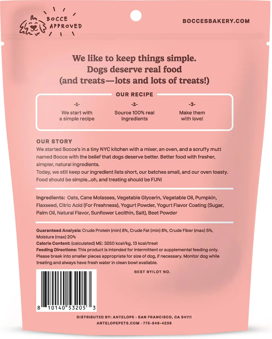 Bocce's Bakery Pumpk’n Swirl Froyo Soft & Chewy Pumpkin Dog Treats 6oz package featuring a pink background and ingredient det