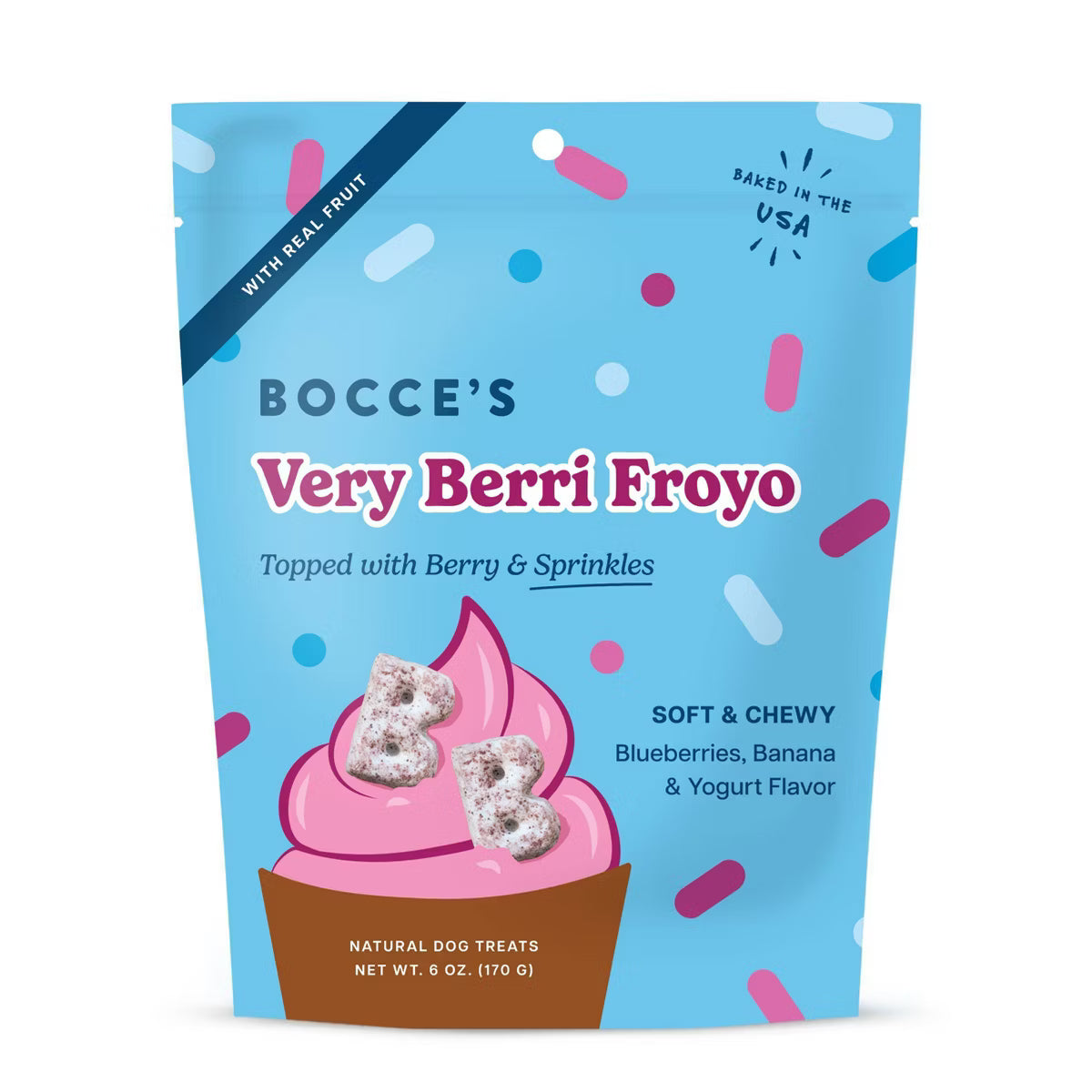 Talis Us Bocce's Bakery Very Berri Froyo Dog Treats 6oz, featuring a pink froyo design with blueberries, banana, and sprinkle
