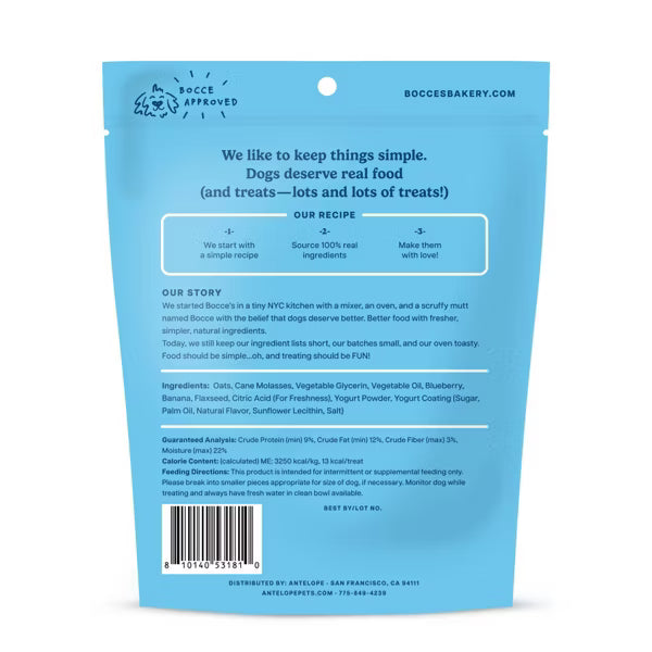 Bocce's Bakery Dog Treats Very Berri Froyo, soft & chewy, 6oz package with a blue background and ingredient details.