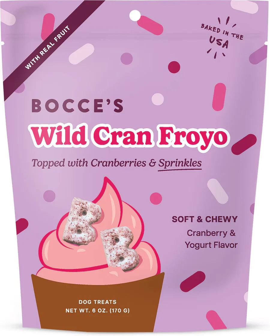 Bocce's Bakery Cranberry Dog Treats - Wild Cran Froyo, 6oz bag featuring a pink dessert topped with cranberries and sprinkles