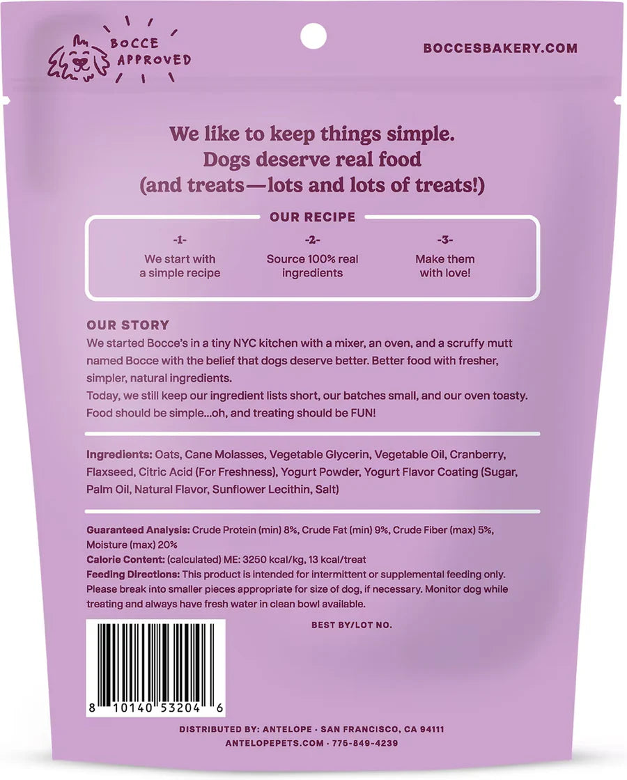 Talis Us Bocce's Bakery Cranberry Dog Treats - Wild Cran Froyo, 6oz bag with a colorful design and ingredient details.