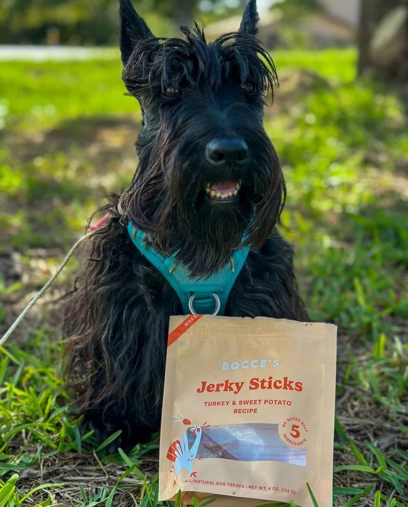 Bocce's Bakery 4oz Irresistible Turkey Jerky Dog Treats, long sticks.