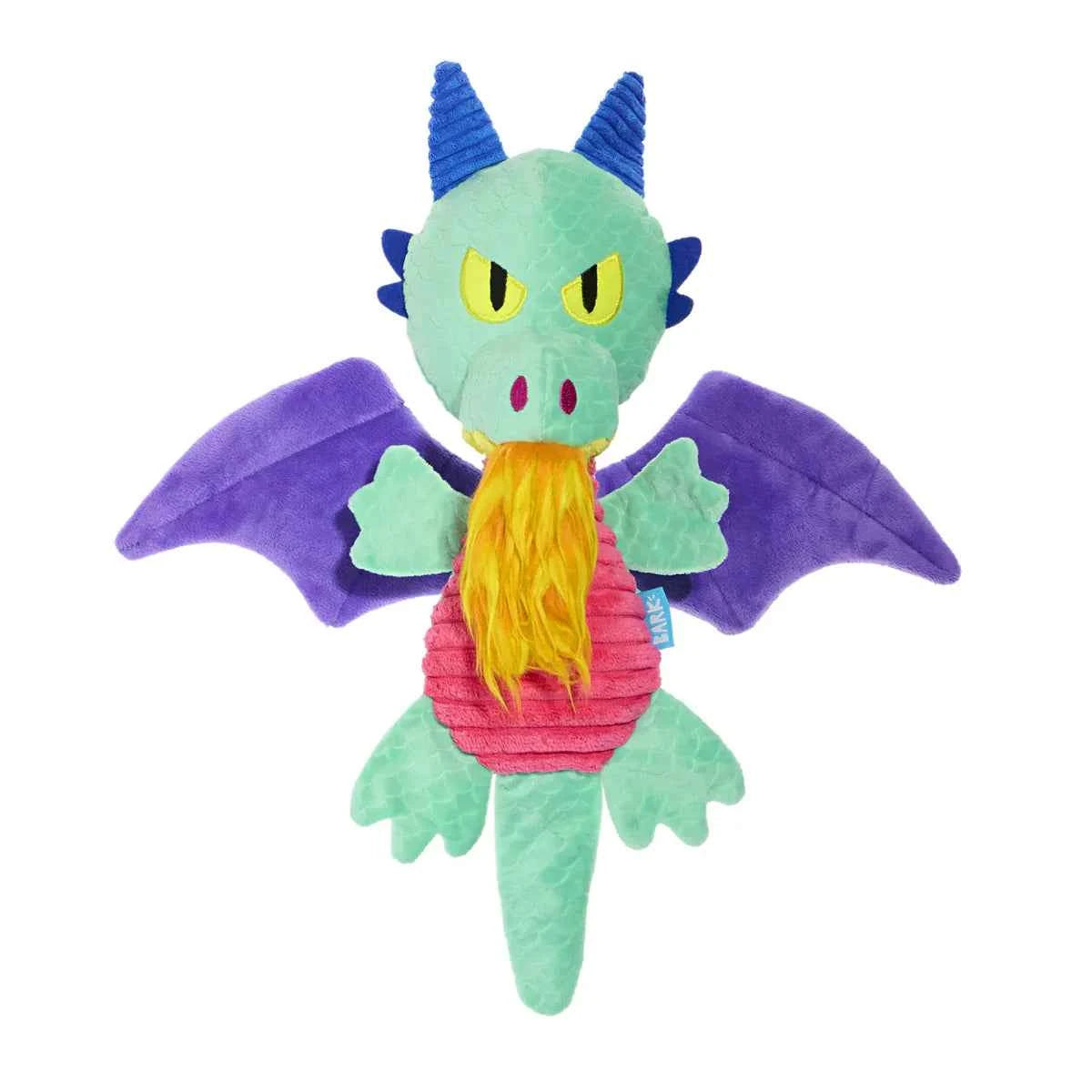 BARK Chongus The Dragon plush dog toy with green body, purple wings, and yellow hair.