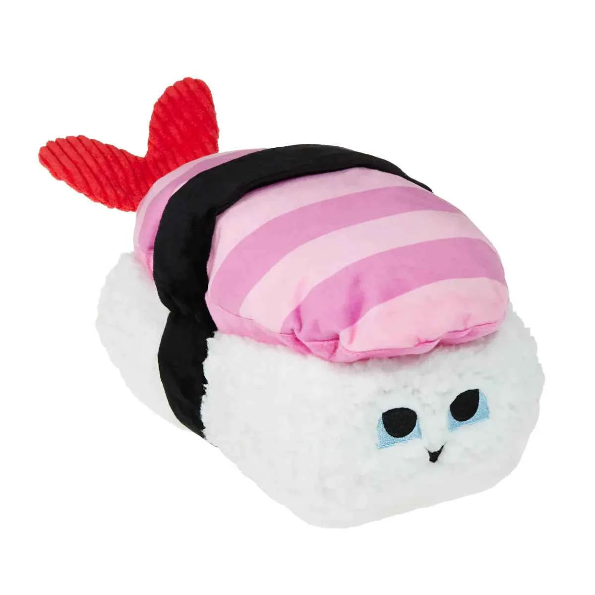 Plush shrimp sushi dog toy with a white fluffy rice base, pink striped topping, and red tail.