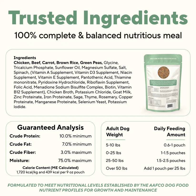 Dave's Homestyle Meal Beef & Chicken with Brown Rice, Goat Milk Gently Cooked Dog Food 10 Pack - 9 oz Pouches