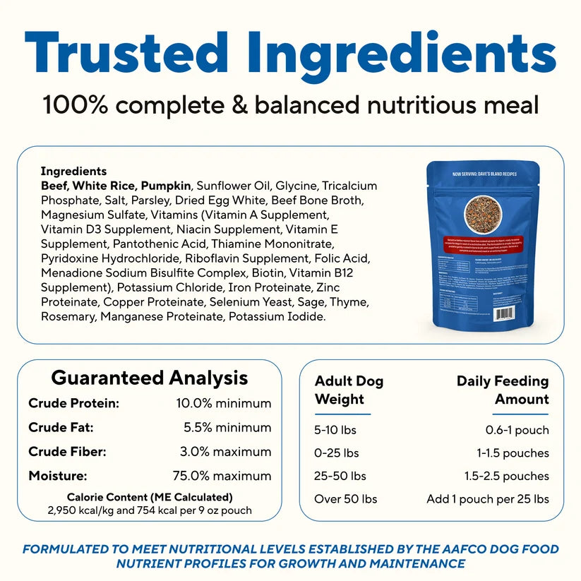 Dave's Bland Diet Beef & Rice Gently Cooked Dog Food 10 Pack - 9 oz Pouches
