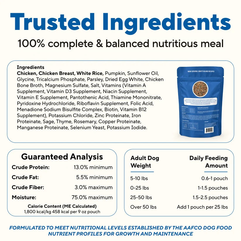 Dave's Bland Diet Chicken & Rice Gently Cooked Dog Food 10 Pack - 9 oz Pouches
