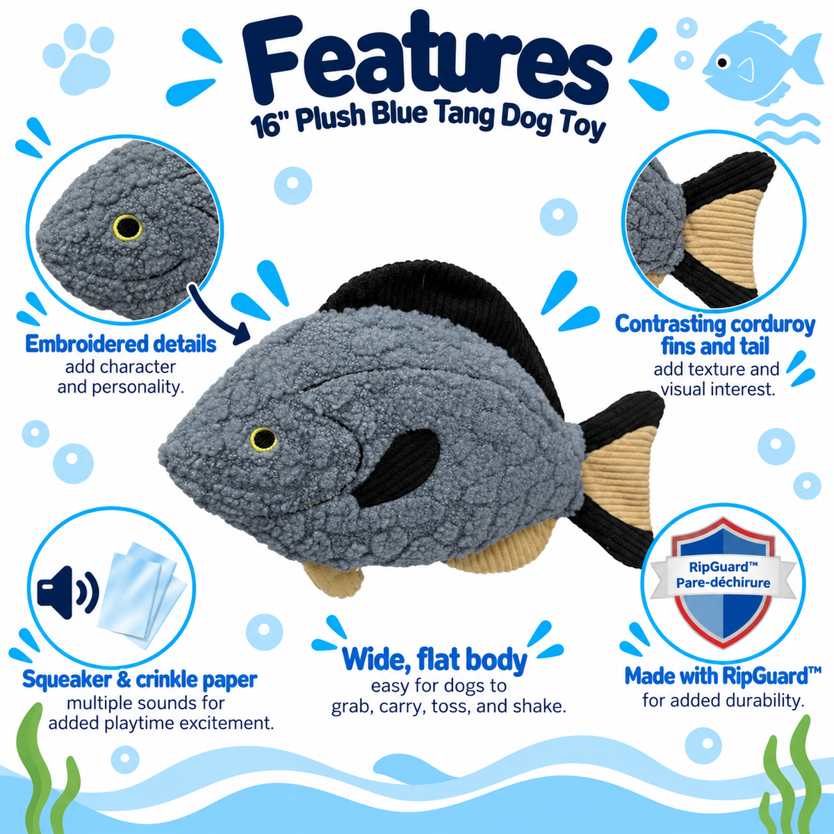 Petlou Aqua Cuddles Blue Tang Dog Toys 16"