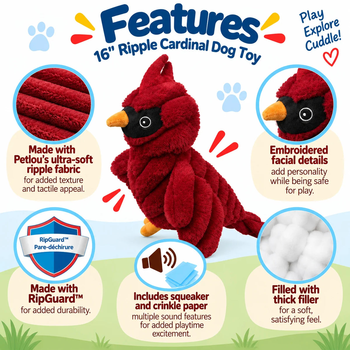 Petlou Zoo Friends Cardinal Squeaky Plush Dog Toy 16"