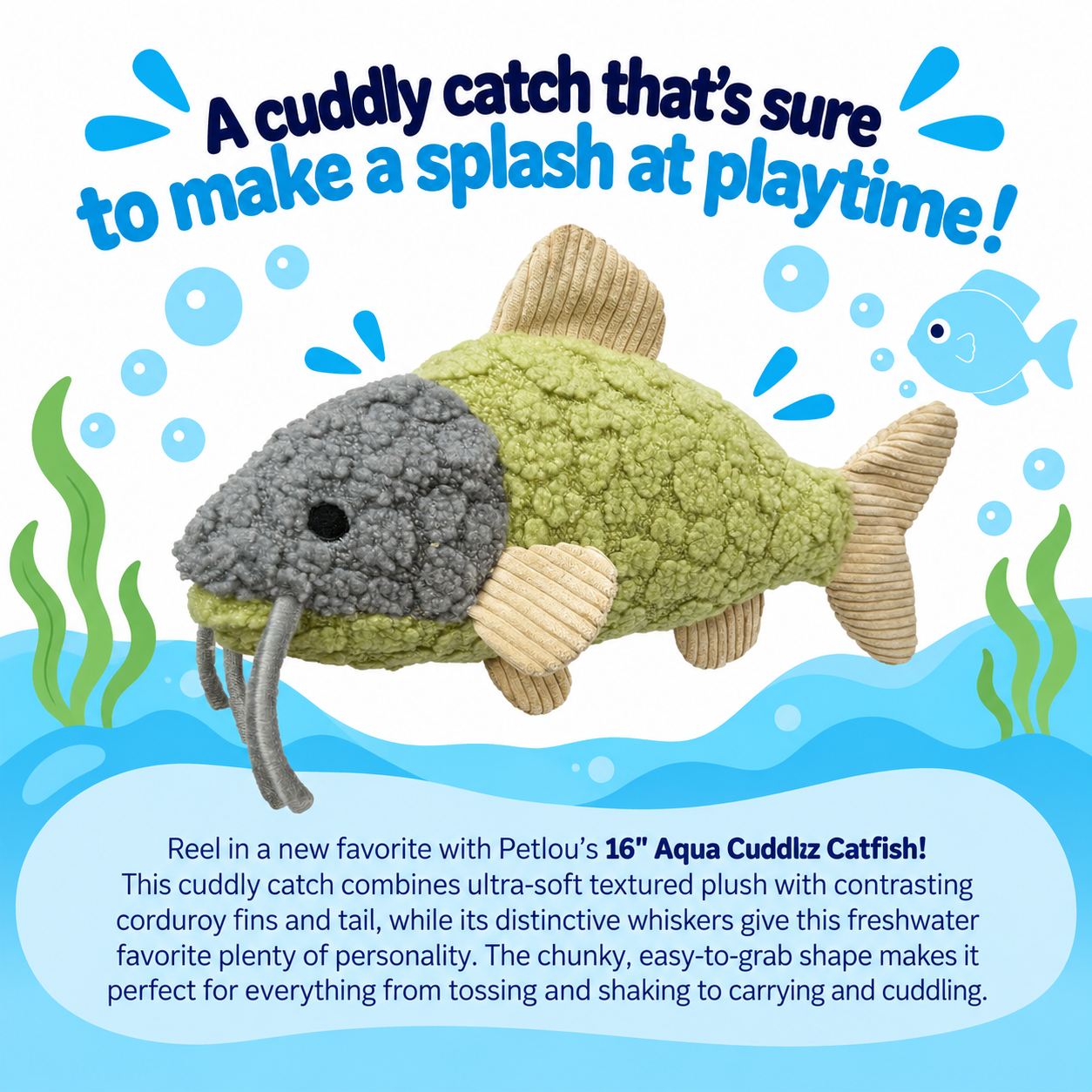Petlou Aqua Cuddles Catfish Dog Toys 16"