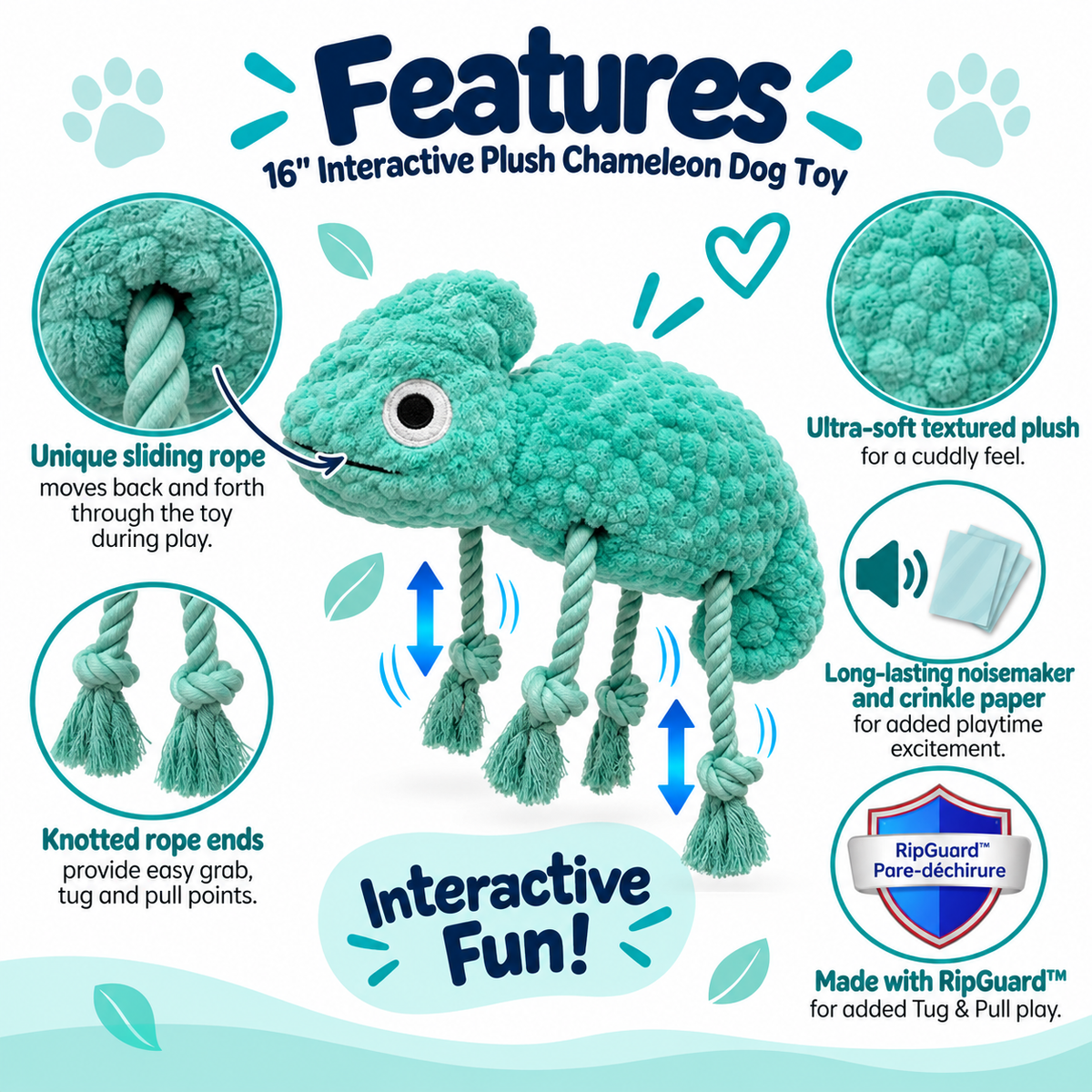 Petlou Tuggyz Chameleon Dog Tug Toy 16"
