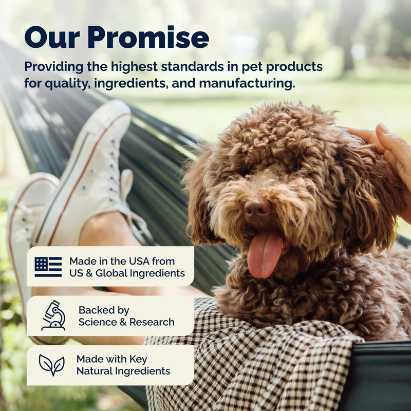 A person pets a fluffy brown dog in a hammock, highlighting USA-made quality and natural ingredients.