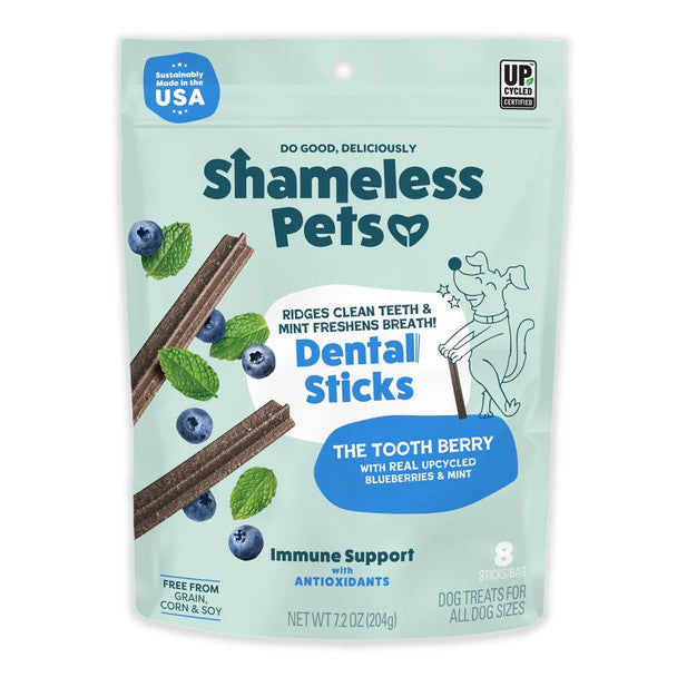Talis Us Shameless Pets The Tooth Berry Dental Sticks for dogs, featuring blueberries and mint, in a 7.2 oz bag.