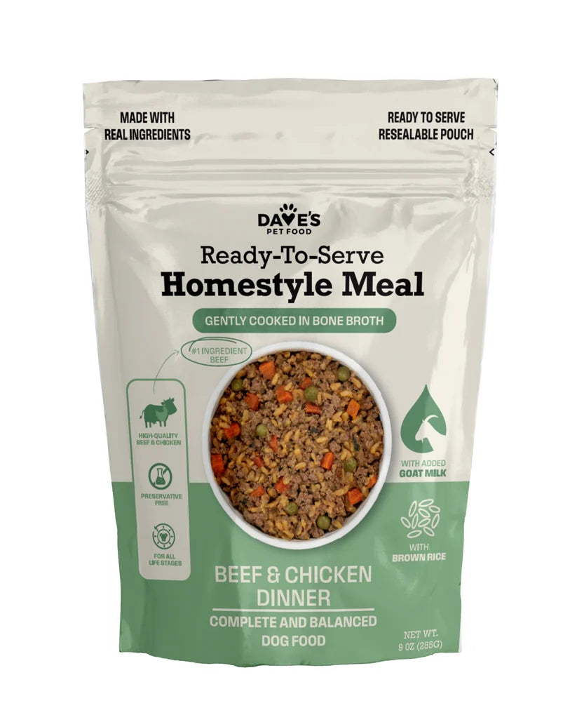 Dave's Homestyle Meal Beef & Chicken with Brown Rice, Goat Milk Gently Cooked Dog Food 10 Pack - 9 oz Pouches