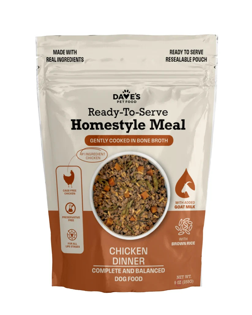 Dave's Homestyle Meal Chicken & Brown Rice, Goat Milk Gently Cooked Dog Food 10 Pack - 9 oz Pouches