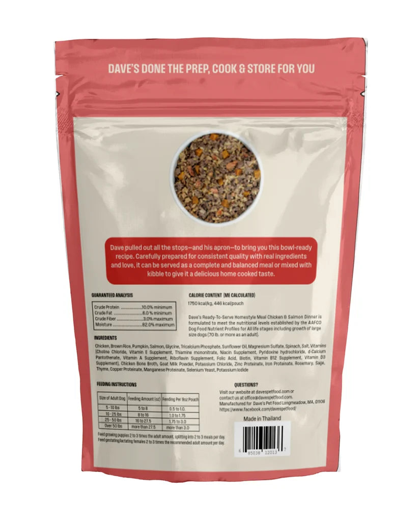 Dave's Homestyle Meal Chicken & Salmon with Brown Rice, Goat Milk Gently Cooked Dog Food 10 Pack - 9 oz Pouches