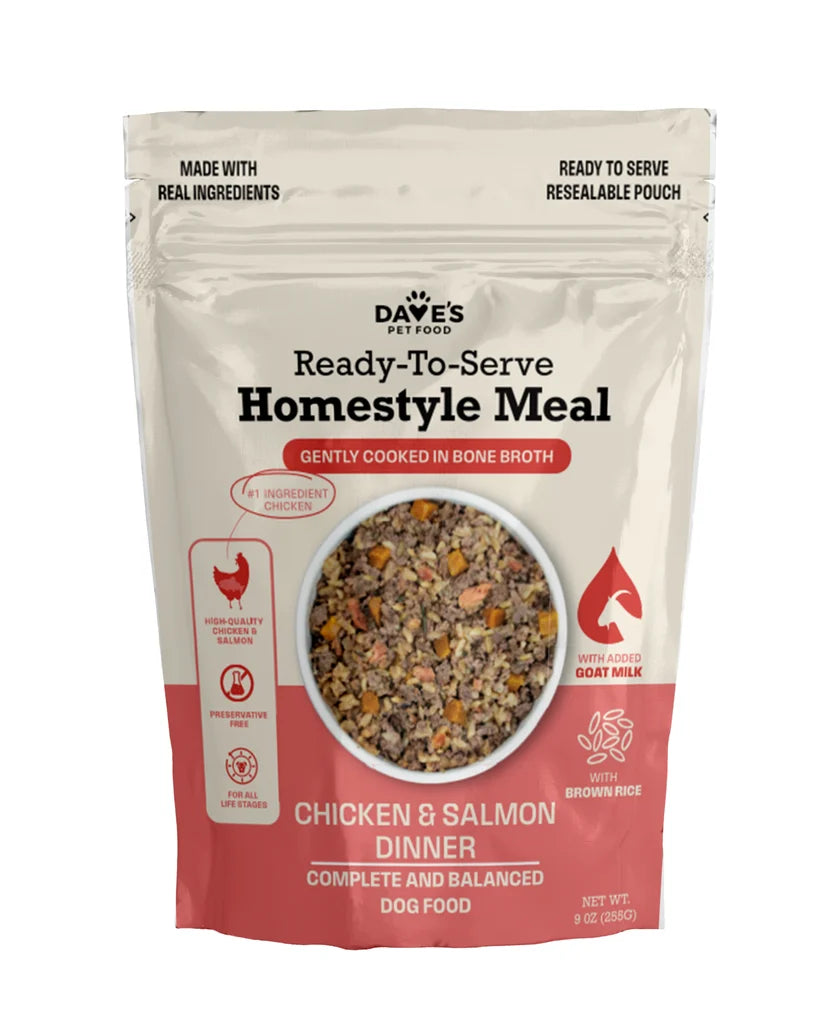 Dave's Homestyle Meal Chicken & Salmon with Brown Rice, Goat Milk Gently Cooked Dog Food 10 Pack - 9 oz Pouches