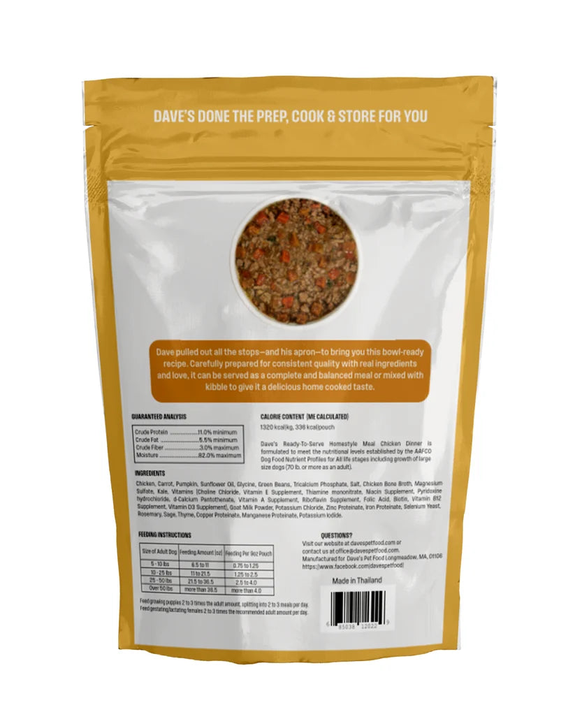 Dave's Homestyle Meal Grain-Free Goat Milk, Chicken Dinner Gently Cooked Dog Food 10 Pack - 9 oz Pouches