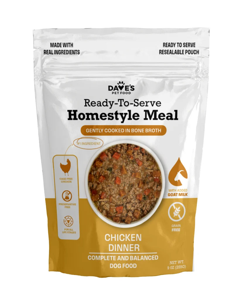 Dave's Homestyle Meal Grain-Free Goat Milk, Chicken Dinner Gently Cooked Dog Food 10 Pack - 9 oz Pouches