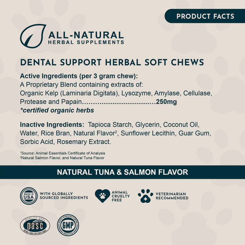 Product facts for Dental Support Herbal Soft Chews listing active and inactive ingredients.